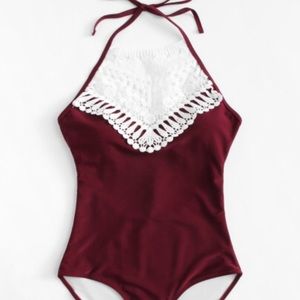 Maroon laced one piece bathing suit